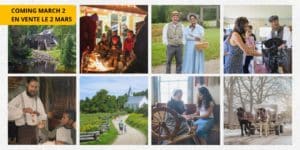 Images of a sawmill, people around a fire, a couple in victorian costume, a vintage printing press, a family walking along a path, a horse drawn wagon